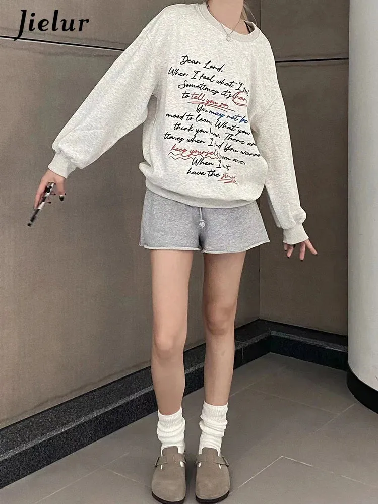 Metaversmall Loose O-neck Pullovers Chicly Letter Printing Warm Female Hoodies Basic Simple Casual Fashion Solid Color Women Hoodies