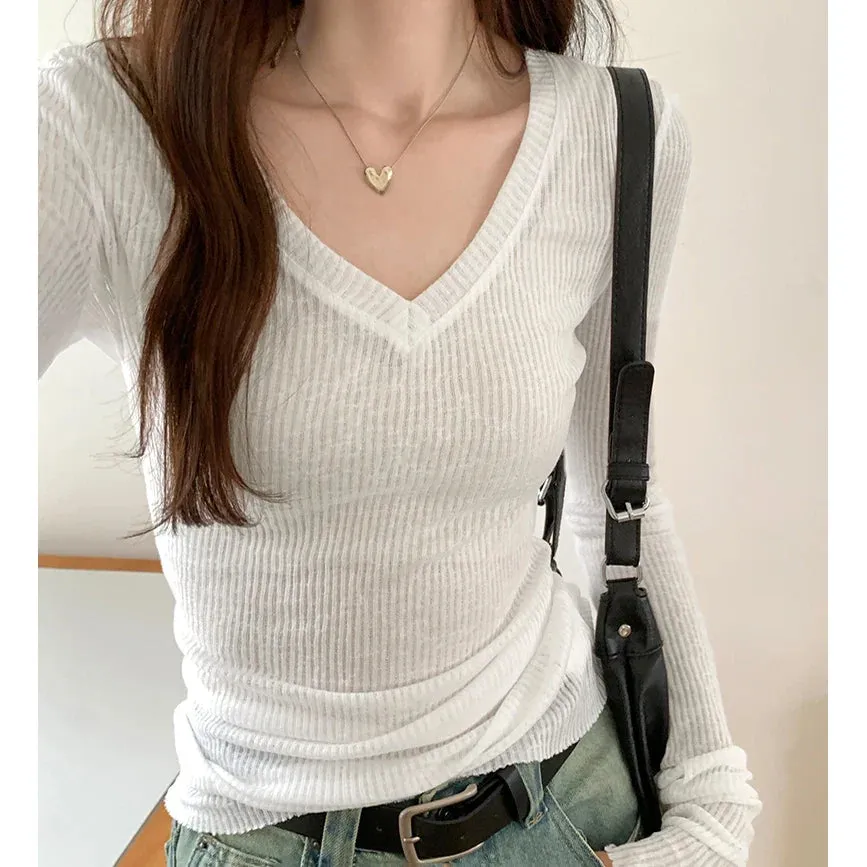 Metaversmall Summer Black Basic V-neck Chic Knitting Casual Women Pullovers New Fashion Striped Solid Color Simple Slim Sexy Female Pullovers