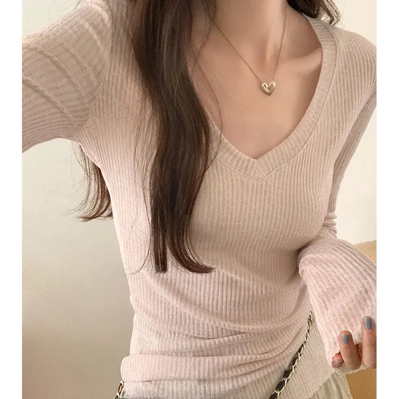 Metaversmall Summer Black Basic V-neck Chic Knitting Casual Women Pullovers New Fashion Striped Solid Color Simple Slim Sexy Female Pullovers