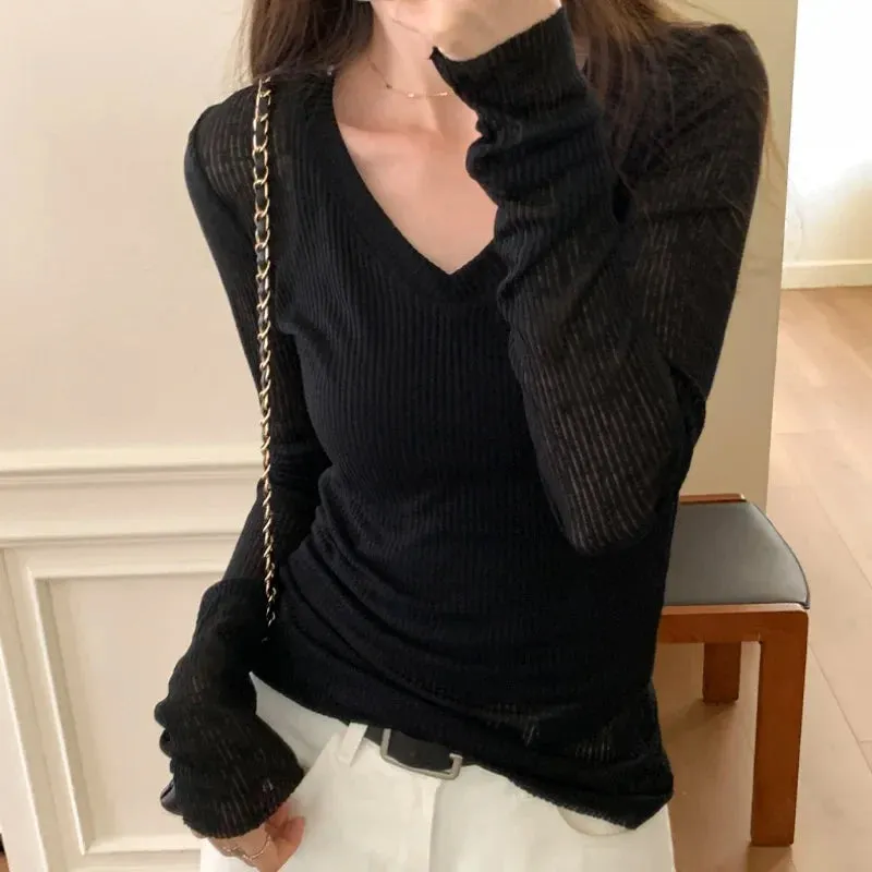 Metaversmall Summer Black Basic V-neck Chic Knitting Casual Women Pullovers New Fashion Striped Solid Color Simple Slim Sexy Female Pullovers