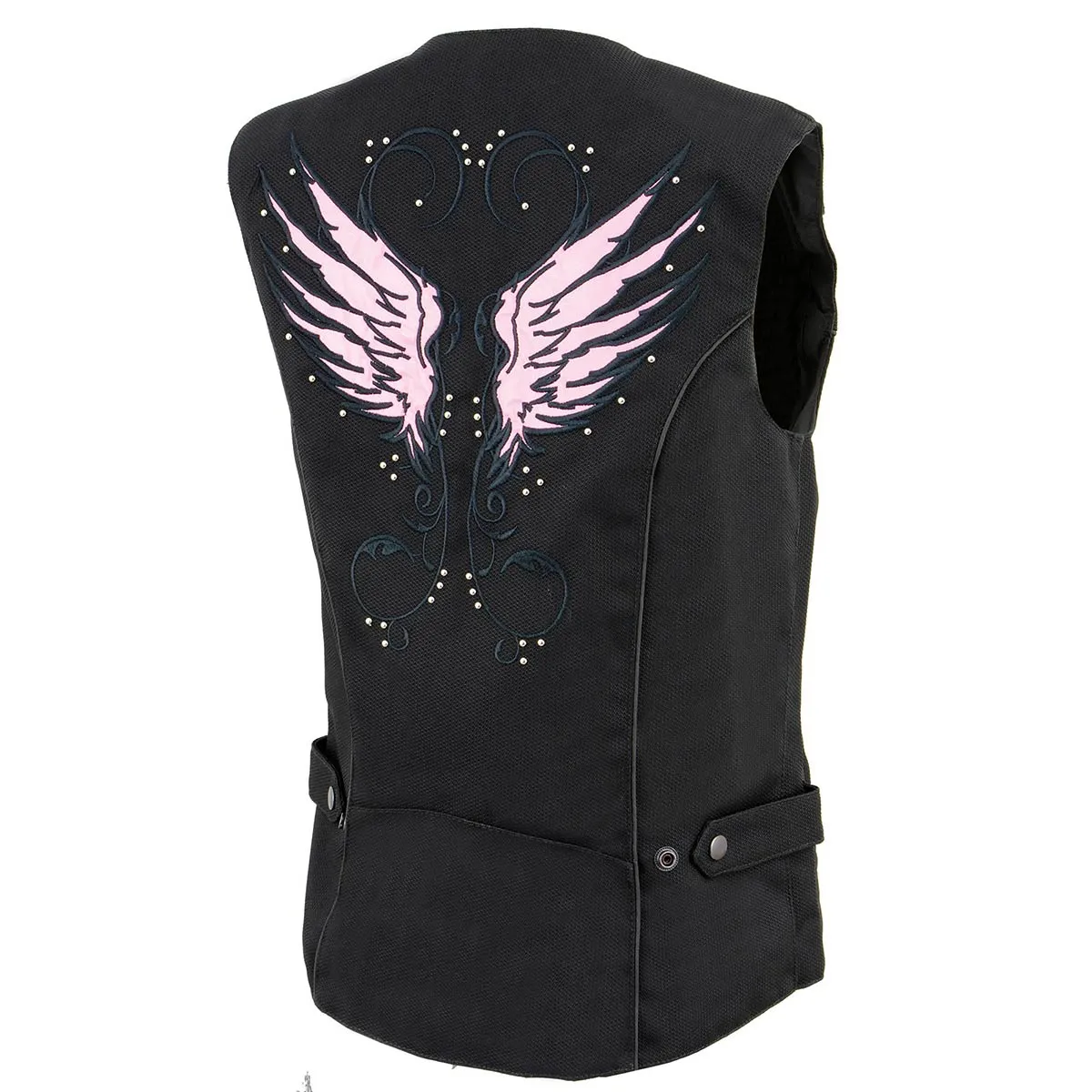 Milwaukee Leather SH1955 Ladies Black and Pink Textile Vest with Wing Embroidery