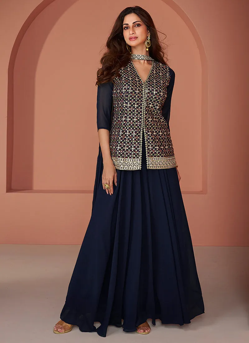 Navy Blue Multi Embroidery Designer Lehenga Kurti