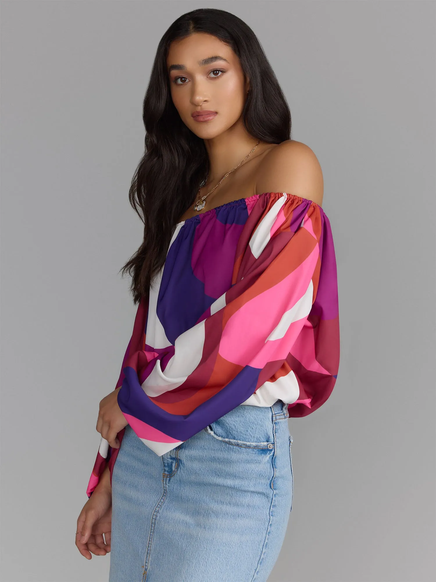 Off Shoulder Geometric Printed Blouse