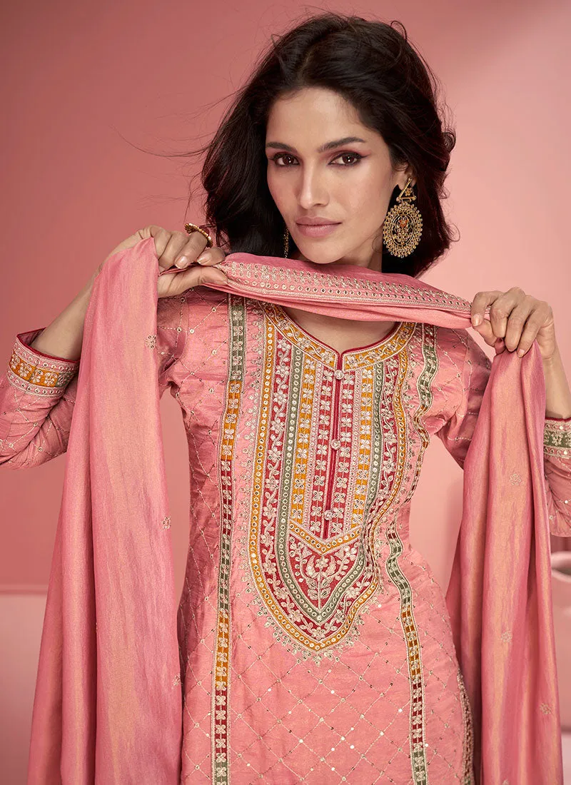 Peach Multi Embroidery Gharara Style Palazzo Suit