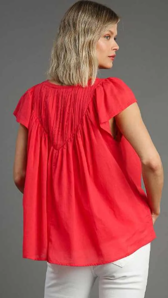 Pleated Split Neck Top in Coral by Umgee