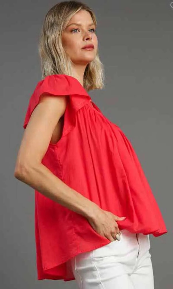 Pleated Split Neck Top in Coral by Umgee