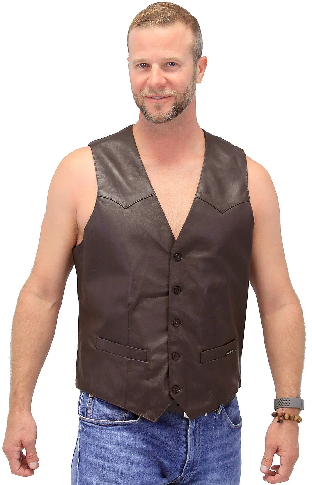 Premium Brown Button Down Lambskin Leather Vest for Men #VM504BTN ()