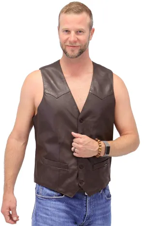 Premium Brown Button Down Lambskin Leather Vest for Men #VM504BTN ()