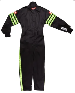 RaceQuip One Piece Single Layer Fire Suit - Black w/Green Stripes - Kids Medium - 1950793