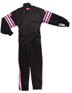 RaceQuip One Piece Single Layer Fire Suit - Black w/Pink Stripes - Kids 2XL - 1950897