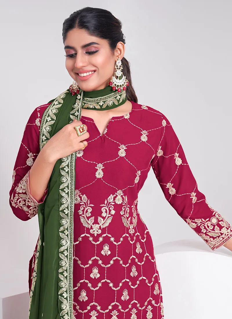 Rani Pink And Green Embroidery Festive Sharara Style Suit