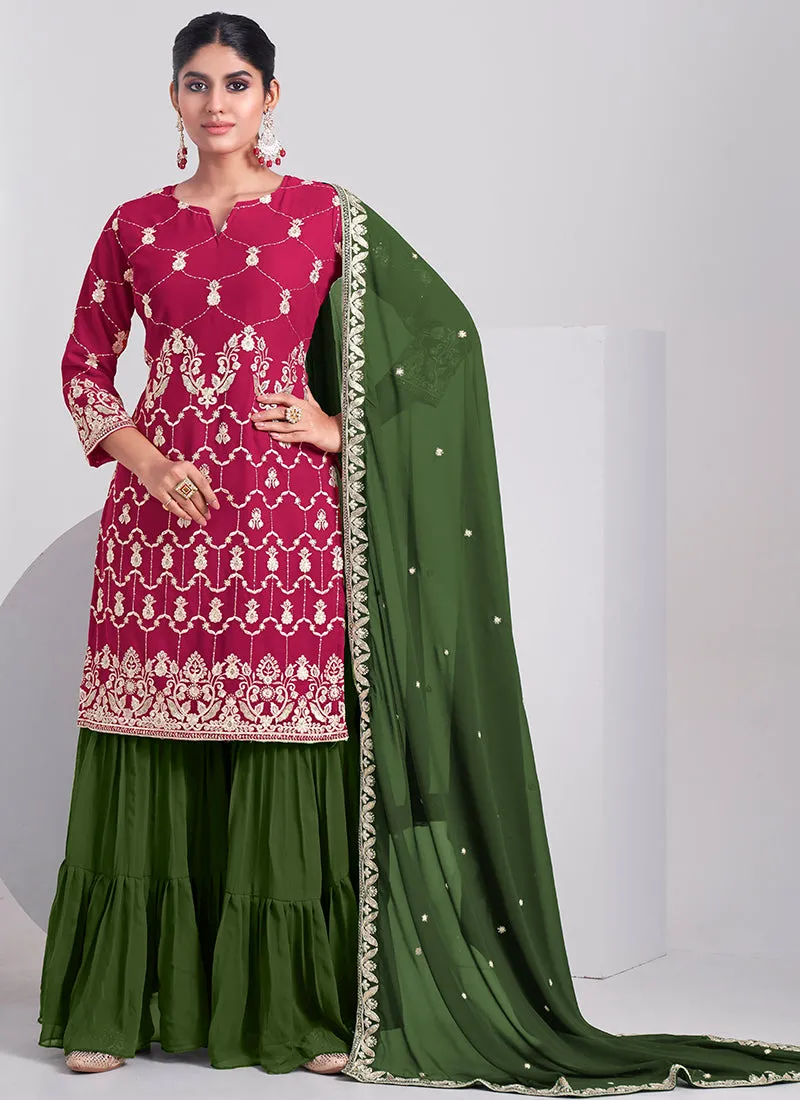 Rani Pink And Green Embroidery Festive Sharara Style Suit