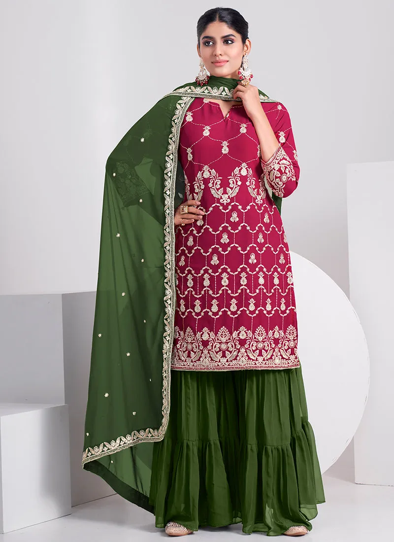 Rani Pink And Green Embroidery Festive Sharara Style Suit