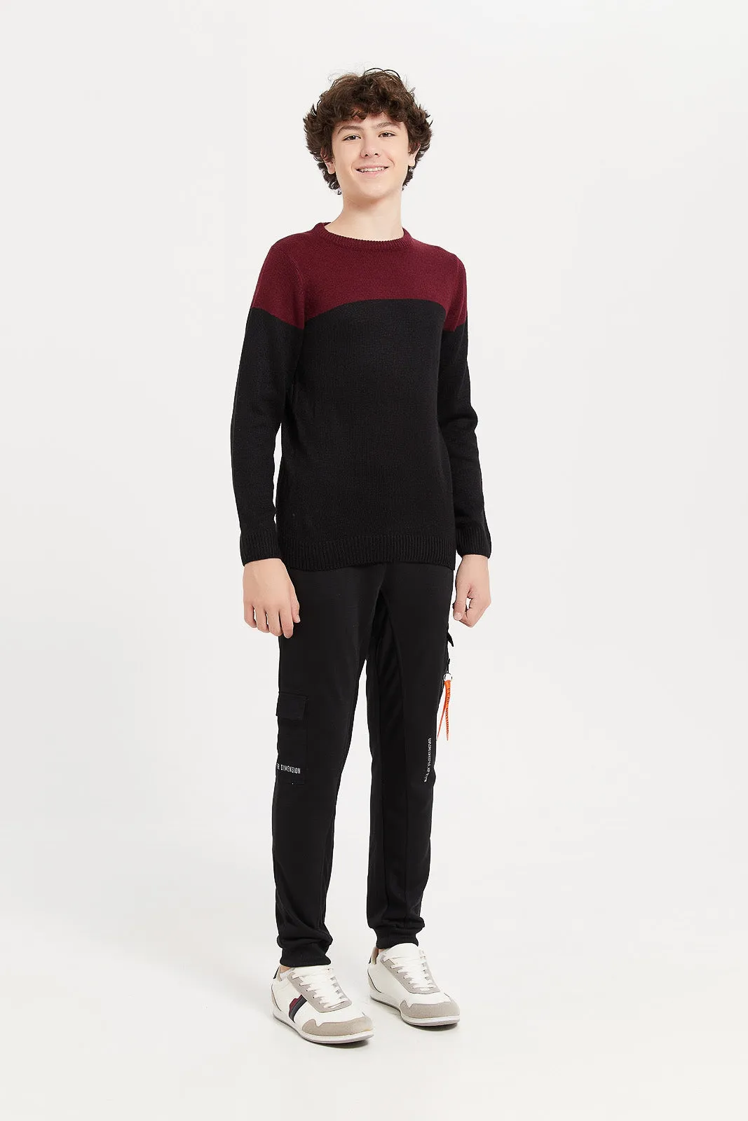 Senior Boys Black And Burgundy Jacquard Pullover