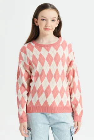 Senior Girls Pink And White Printed Pullover