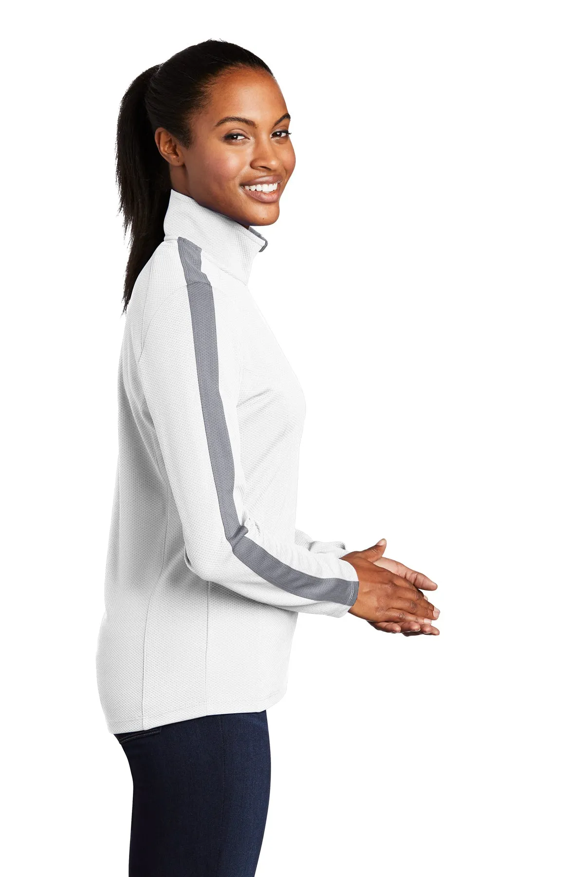 Sport-Tek Ladies Sport-Wick Textured Colorblock Customized 1/4-Zip Pullovers, White/ Iron Grey