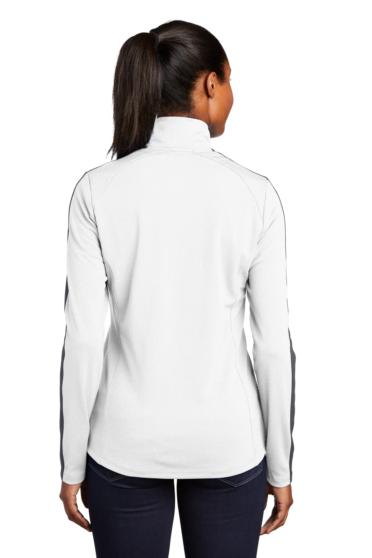 Sport-Tek Ladies Sport-Wick Textured Colorblock Customized 1/4-Zip Pullovers, White/ Iron Grey