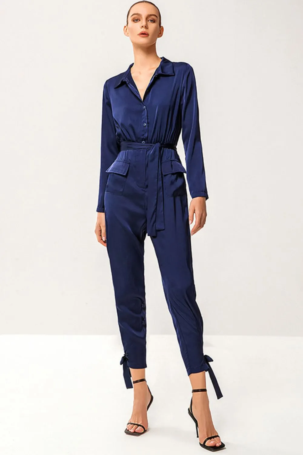 Tie-Waist Button Front Collared Satin Jumpsuit