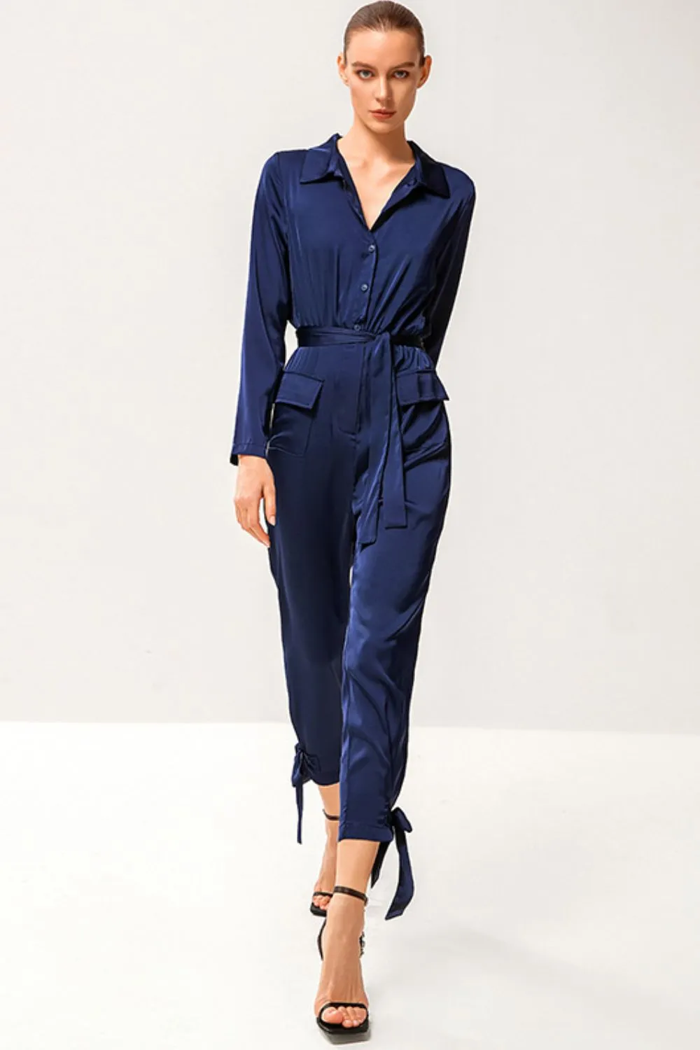 Tie-Waist Button Front Collared Satin Jumpsuit