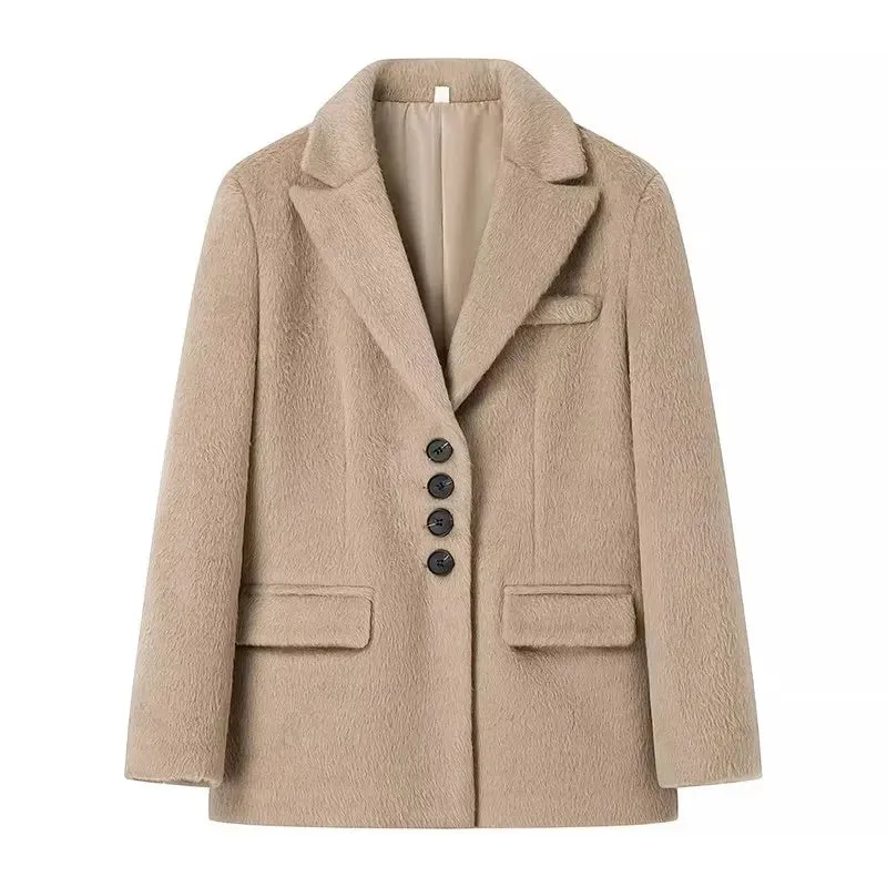 Trafza Frauen Mode Plüsch Blazer elegante solide y2k Frauen Langarm Einreiher Anzug Mantel Frühling weibliche Freizeit jacken