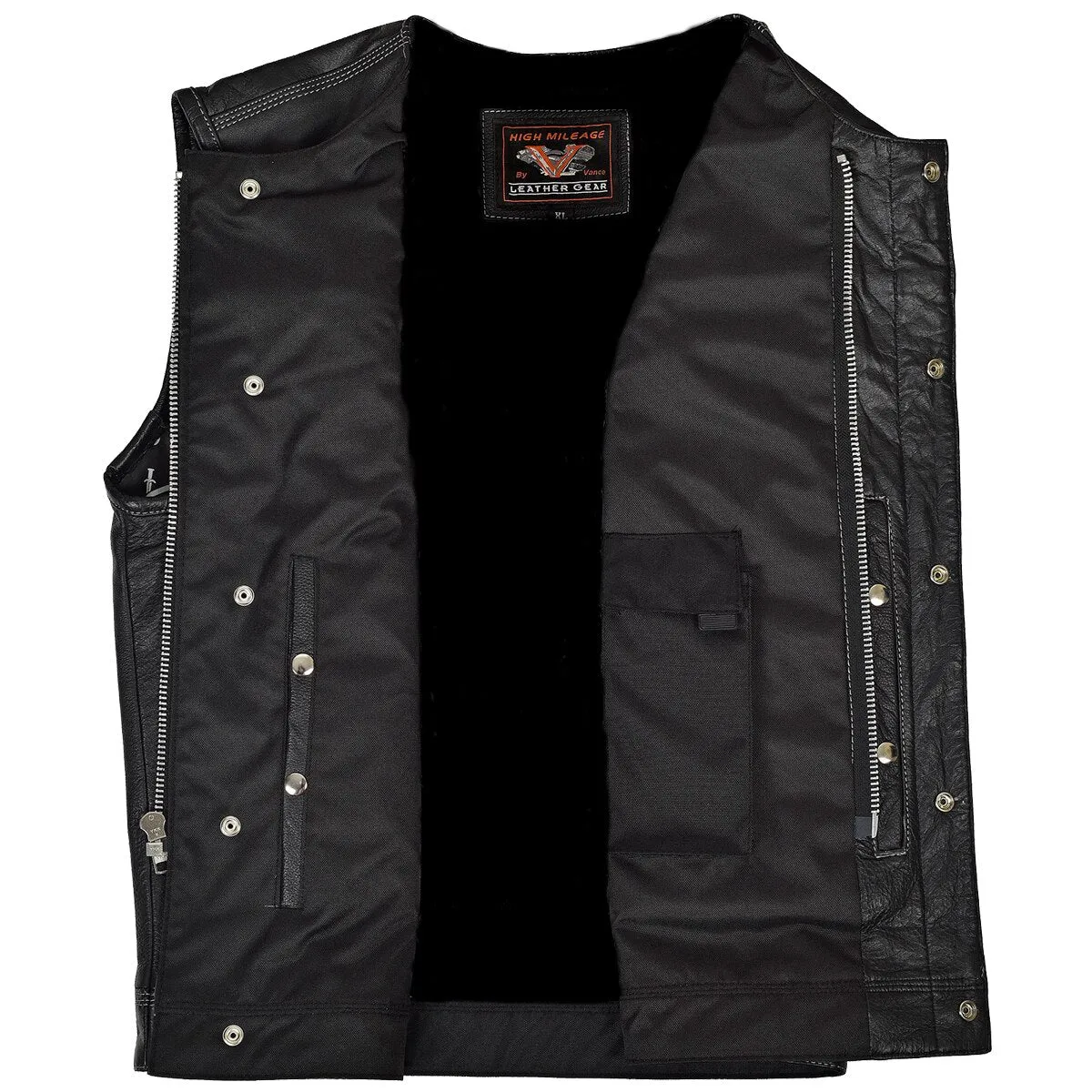 VL919GS Men's Zipper and Snap Closure Leather Club Vest Quick Access Gun Pocket w/ Grey Stitching