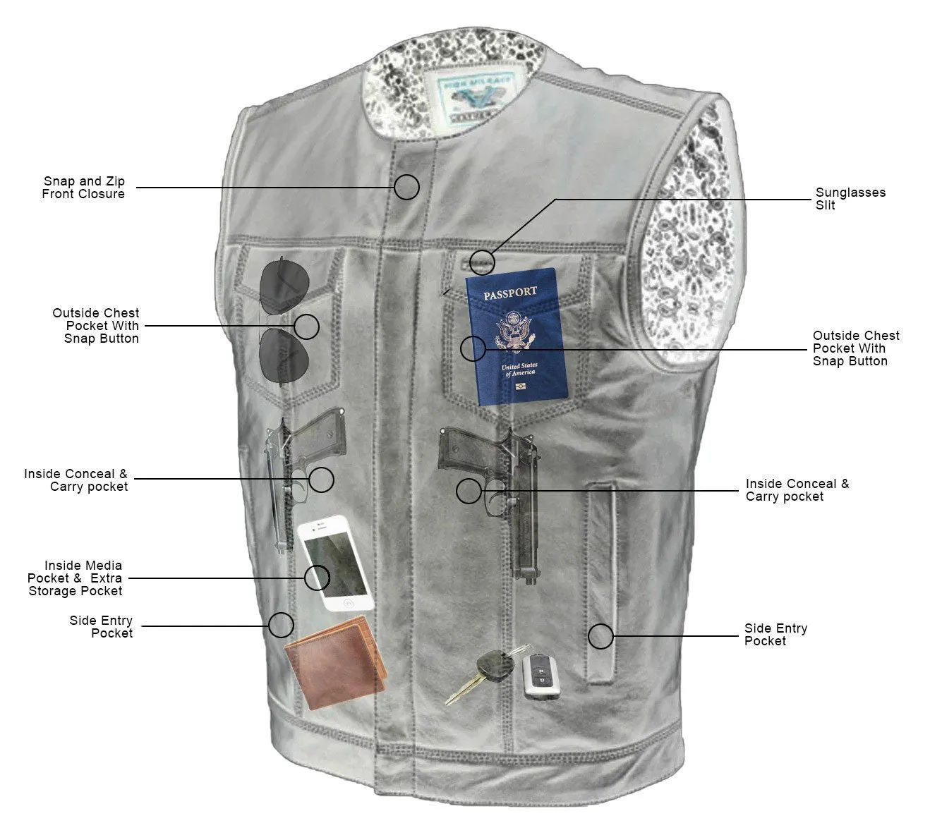 VL919GS Men's Zipper and Snap Closure Leather Club Vest Quick Access Gun Pocket w/ Grey Stitching