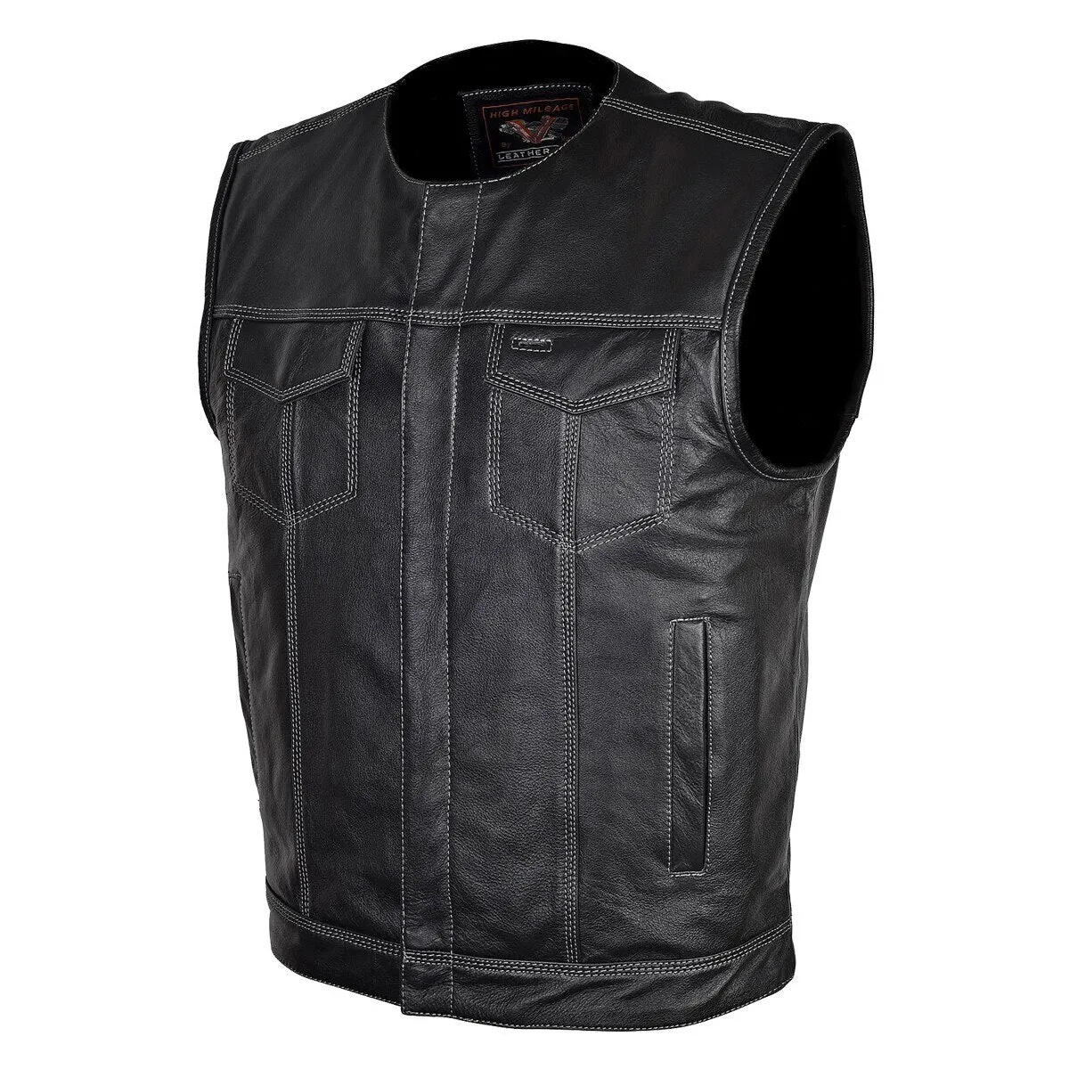 VL919GS Men's Zipper and Snap Closure Leather Club Vest Quick Access Gun Pocket w/ Grey Stitching