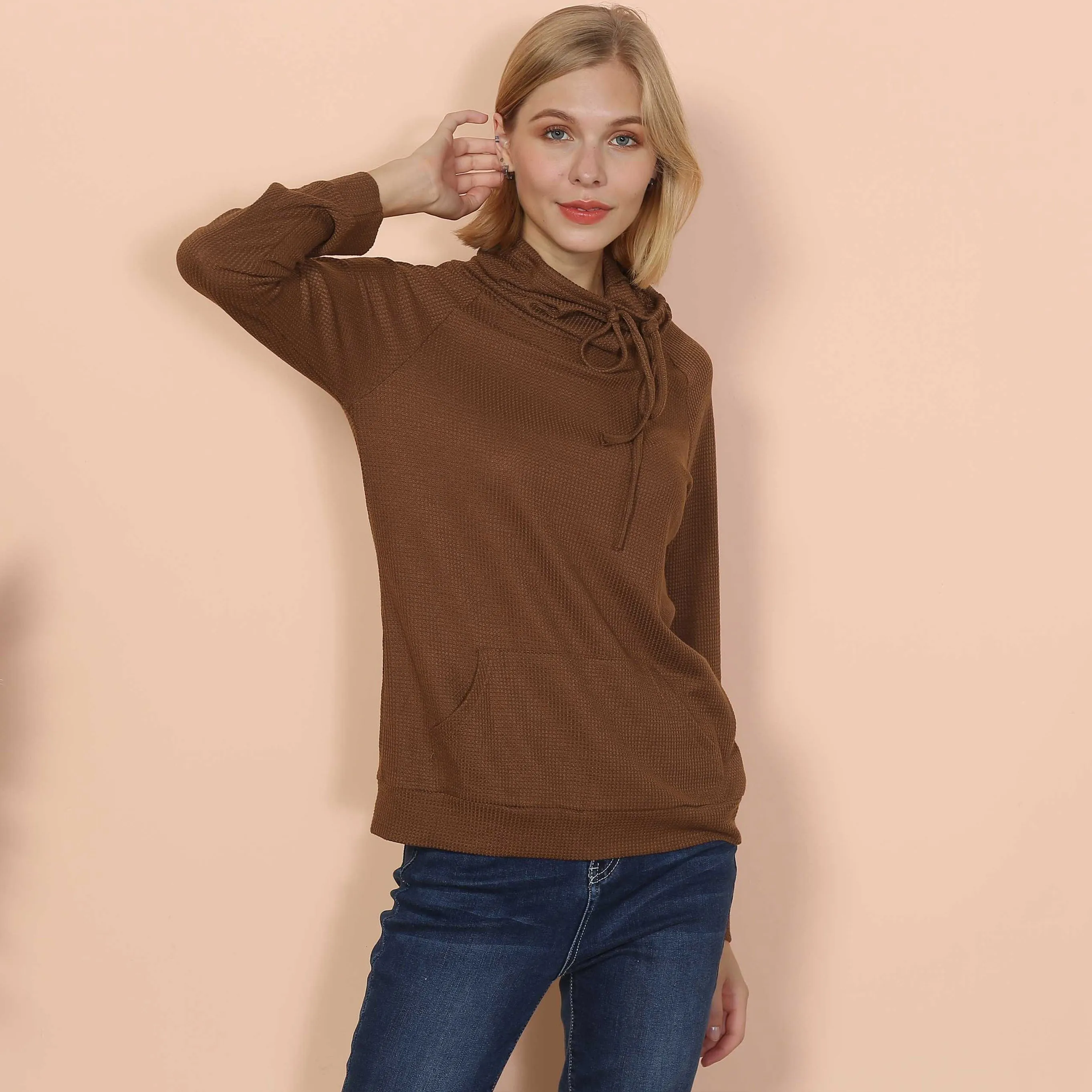 Waffle Knit Cowl Neck Pullover