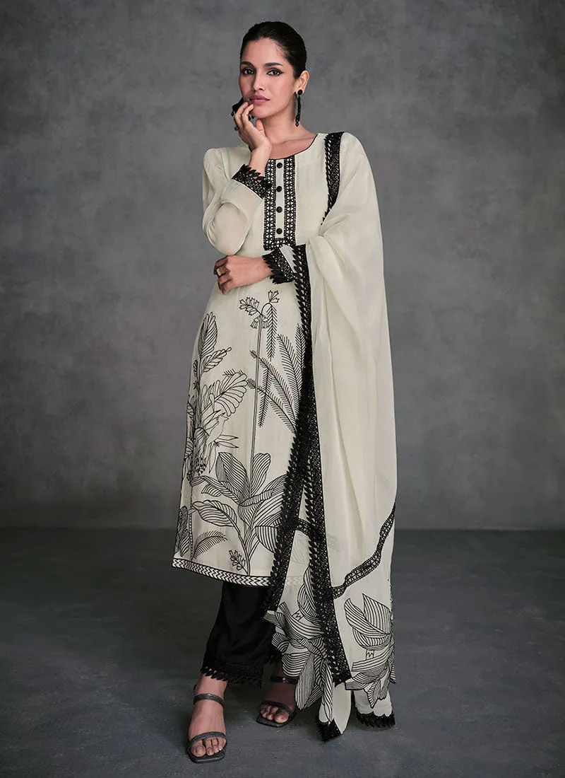 White And Black Thread Embroidery Organza Silk Pant Style Suit