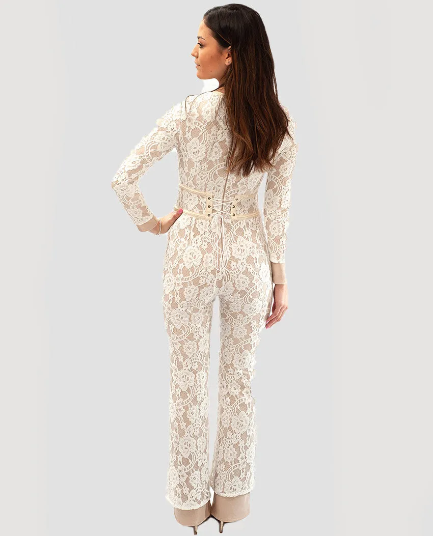 WHITE LACE JUMPSUIT WITH BELT DETAIL