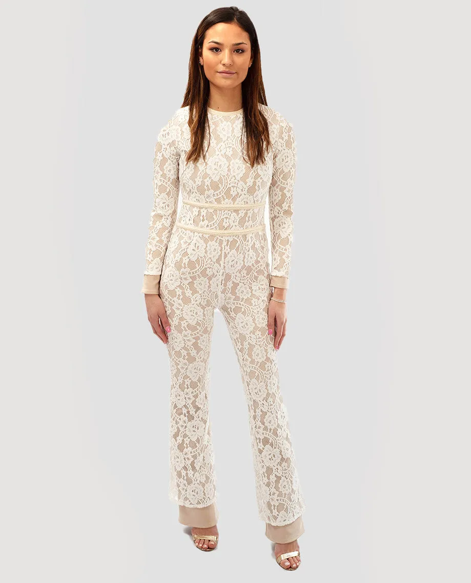 WHITE LACE JUMPSUIT WITH BELT DETAIL