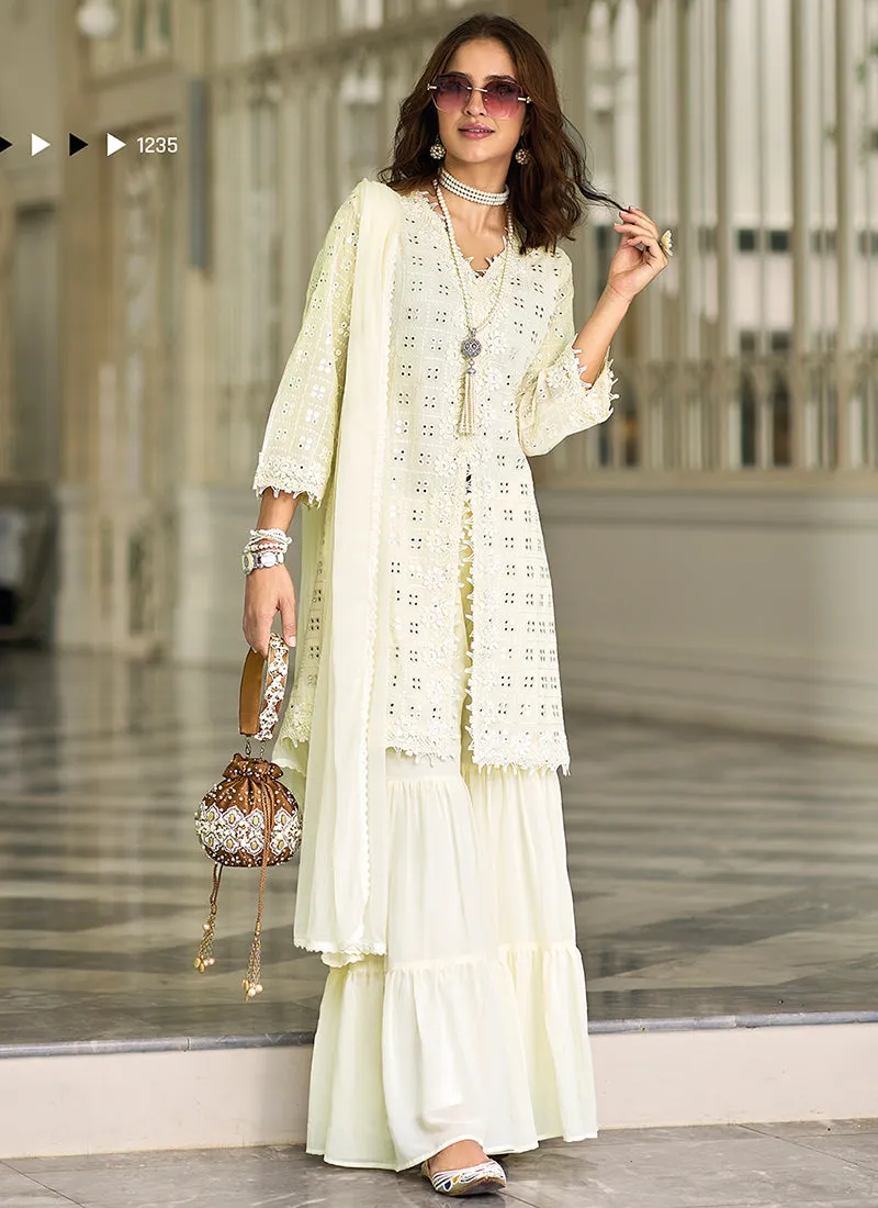 White Mirror And Lace Work Embroidery Gharara Style Suit