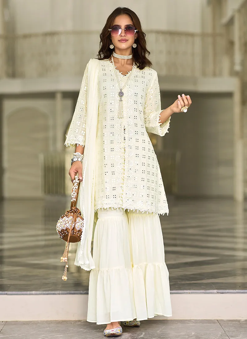 White Mirror And Lace Work Embroidery Gharara Style Suit