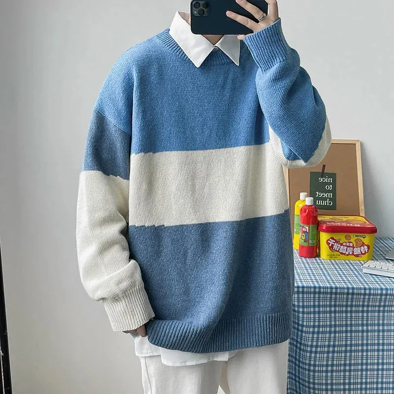 Wiaofellas Winter Men's Stripe Printing Knitting Long Sleeve Wool Sweaters Homme Round Neck Pullover Color Stitching Coats Size M-2XL