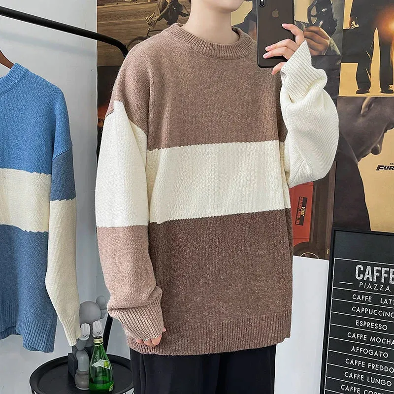 Wiaofellas Winter Men's Stripe Printing Knitting Long Sleeve Wool Sweaters Homme Round Neck Pullover Color Stitching Coats Size M-2XL