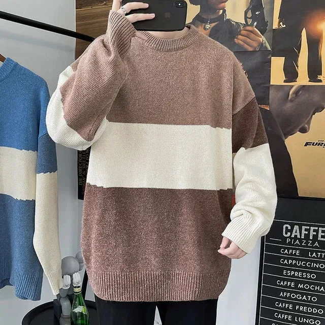 Wiaofellas Winter Men's Stripe Printing Knitting Long Sleeve Wool Sweaters Homme Round Neck Pullover Color Stitching Coats Size M-2XL