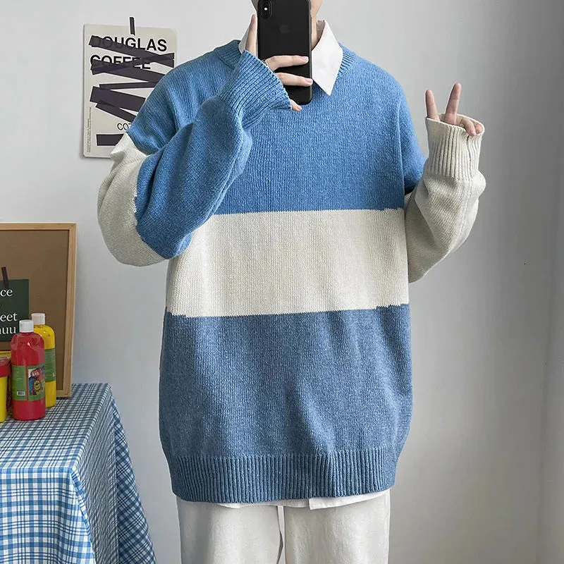 Wiaofellas Winter Men's Stripe Printing Knitting Long Sleeve Wool Sweaters Homme Round Neck Pullover Color Stitching Coats Size M-2XL