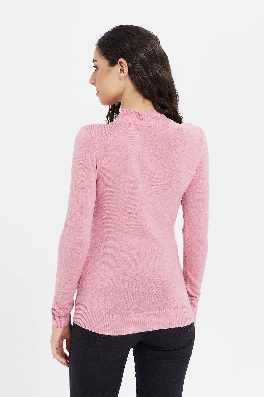 Women Mauve Knitted High Neck Pullover