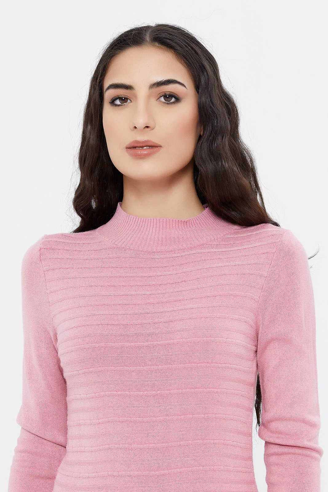 Women Mauve Knitted High Neck Pullover