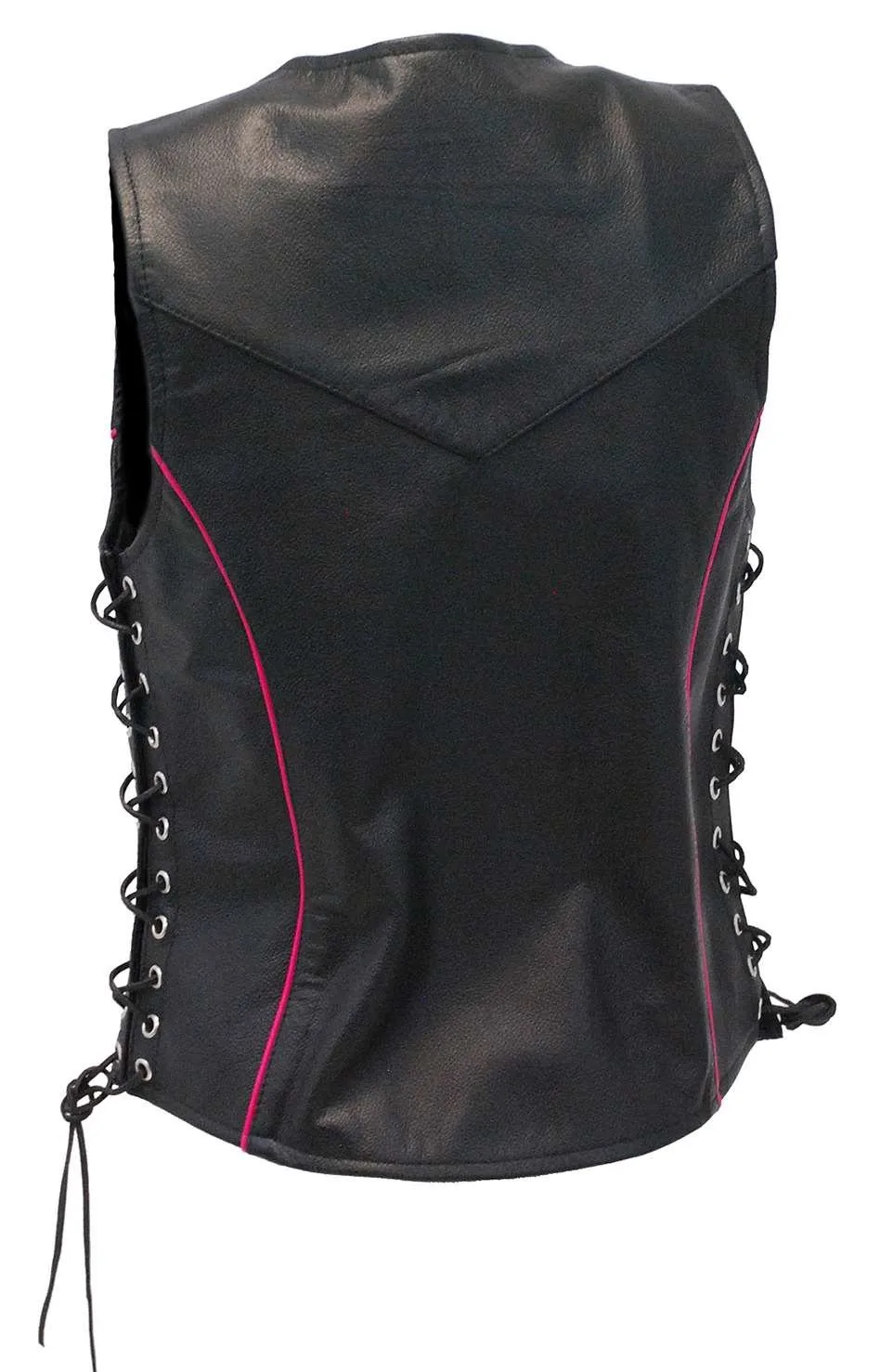 Women's Hot Pink Piping Side Lace Leather Concealed Pocket Vest #VL68502GHP ()