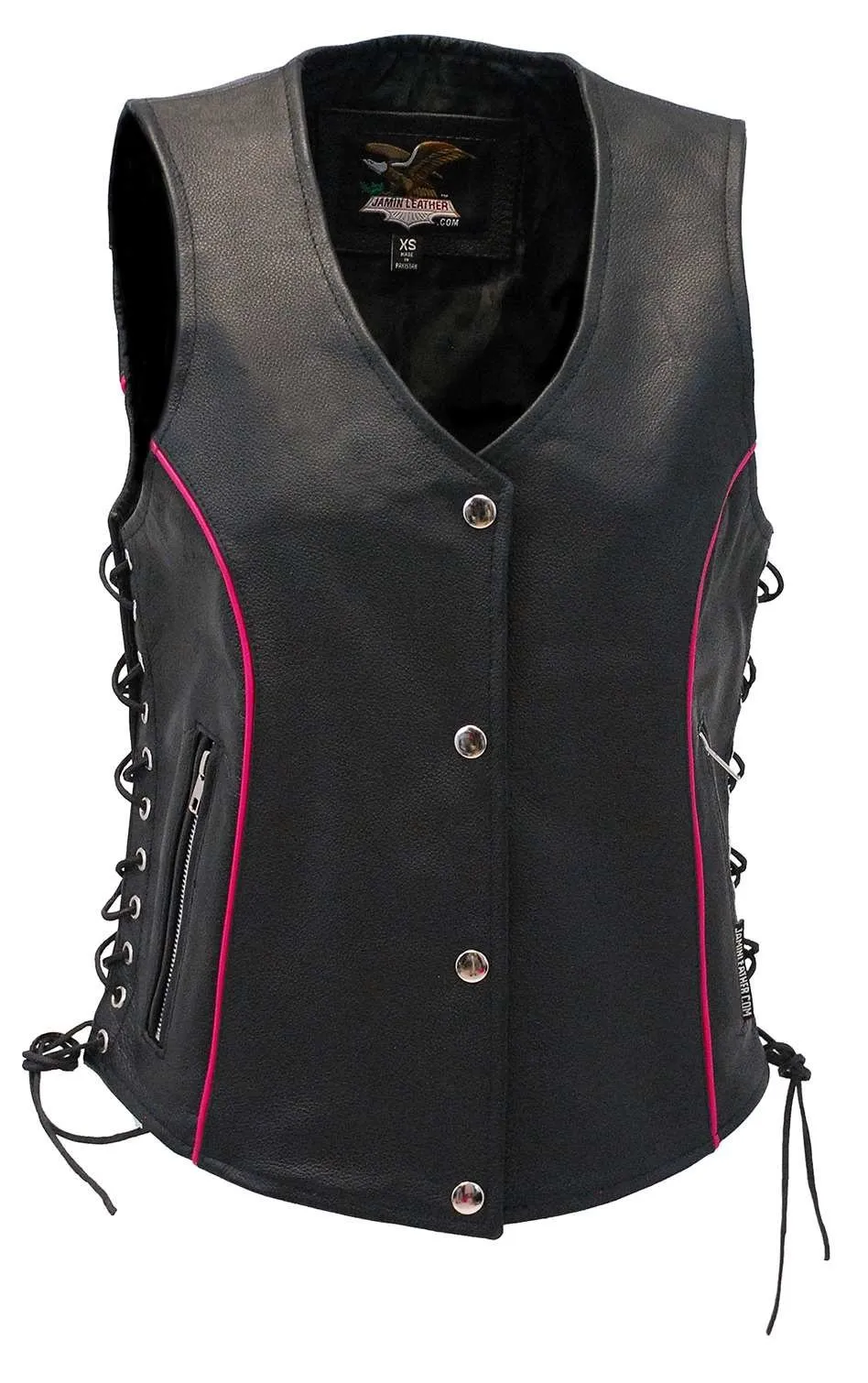 Women's Hot Pink Piping Side Lace Leather Concealed Pocket Vest #VL68502GHP ()