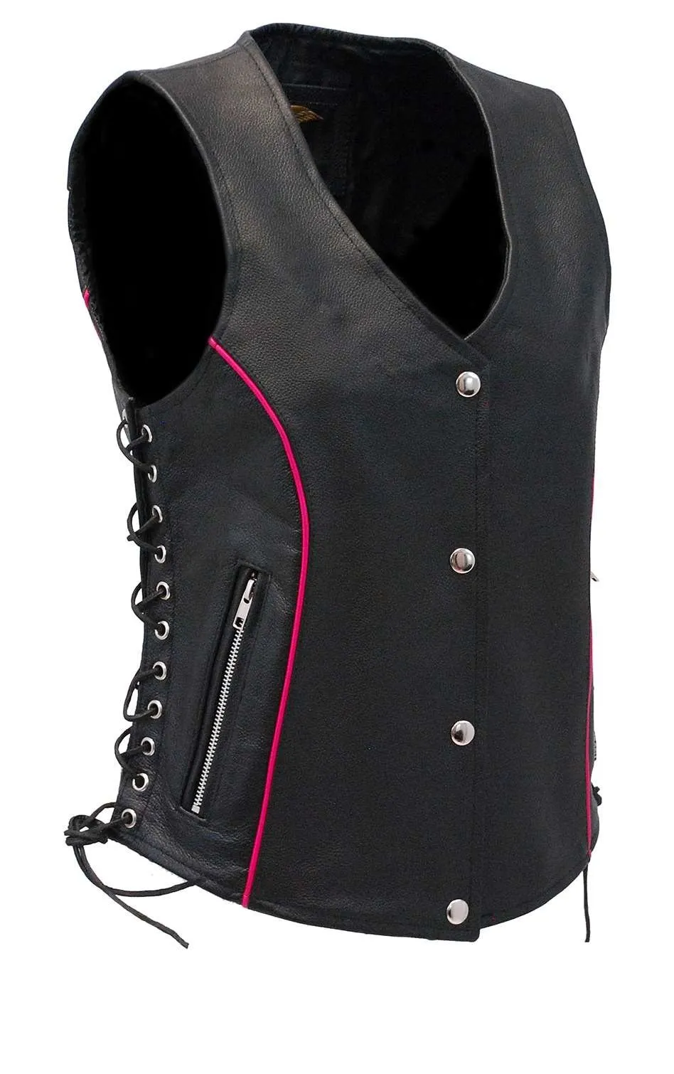 Women's Hot Pink Piping Side Lace Leather Concealed Pocket Vest #VL68502GHP ()