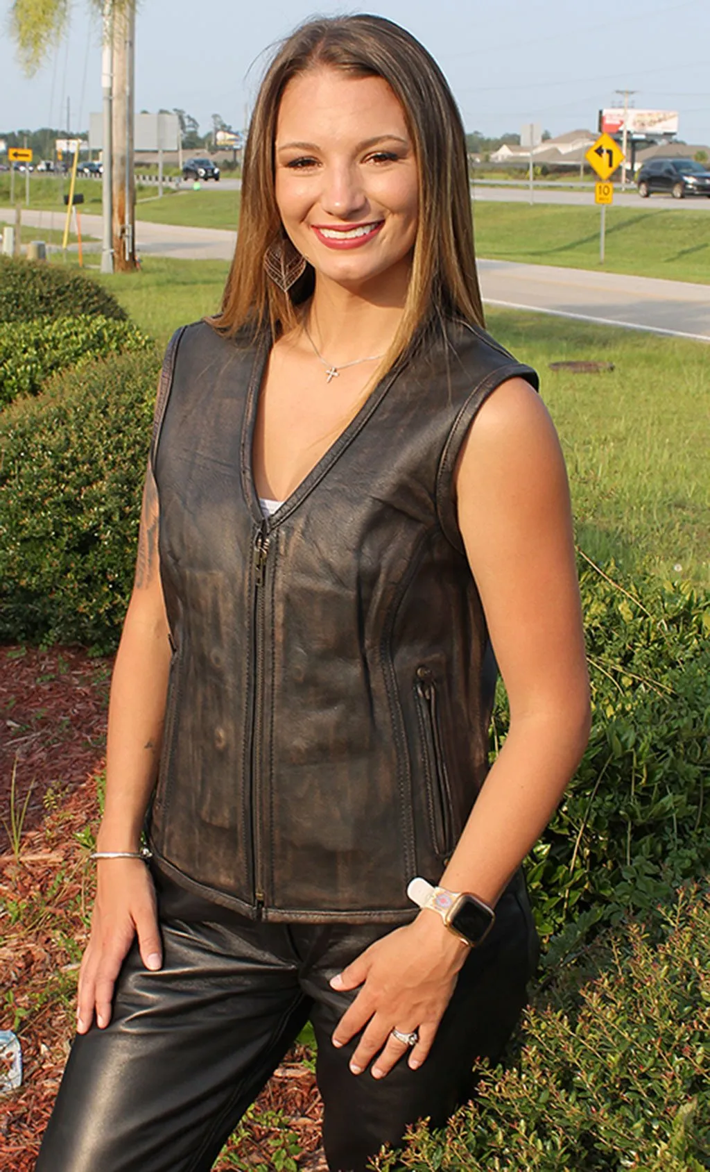 Women's Vintage Brown Conceal Carry Leather Vest #VLA686GN ()