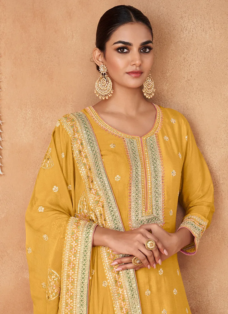 Yellow Sequence Embroidery Festive Palazzo Suit